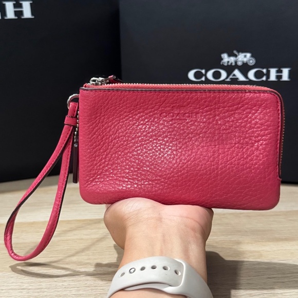 Coach F66505 Pink/Coral Pebble Leather Double Corner Zip Wristlet - Picture 9 of 9